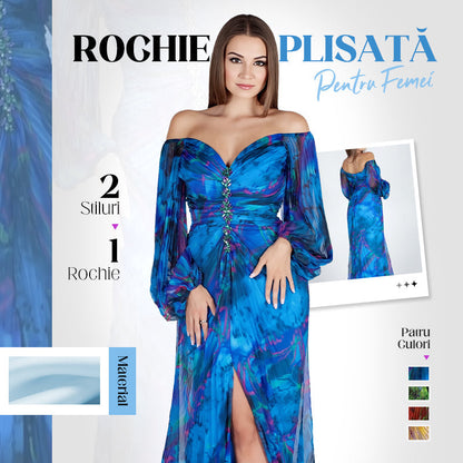 👗 Rochie Fără Bretele cu Detalii Plisate 🌟 | Fantă Laterală & Mâneci Lungi | Model Slimming