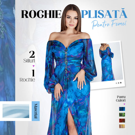 👗 Rochie Fără Bretele cu Detalii Plisate 🌟 | Fantă Laterală & Mâneci Lungi | Model Slimming