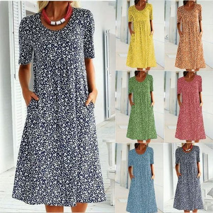 🎁2025 Vânzare fierbinte de Anul Nou💖Rochie florală cu gât rotund（8 culori cu buzunare）