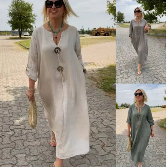 👗Rochie cu decolteu în V din bumbac și in