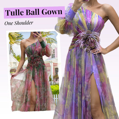 💃 Rochie de petrecere asimetrică multicoloră cu detalii florale