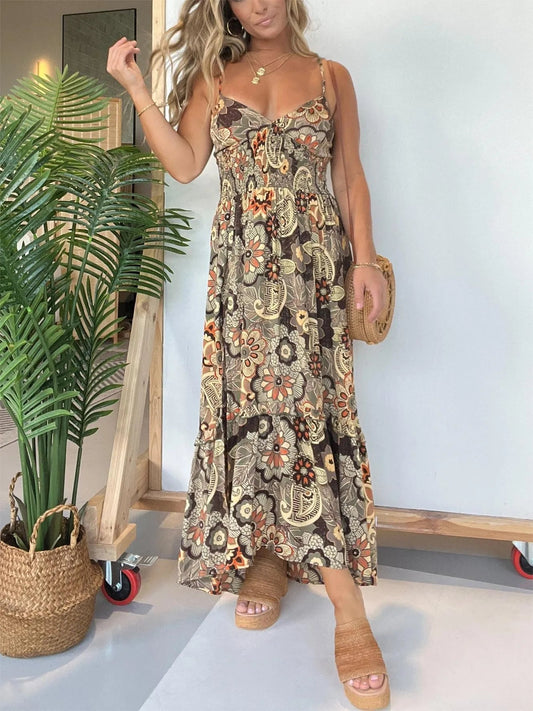 Femei Sexy Spaghete curea florale imprimare rochie lungă李如意