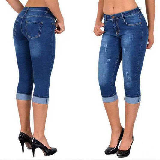 👖 Jeans Capri Femei cu Tiv Rulou & Deschizături 🔥 | Stil Distrus | Bumbac Elastic