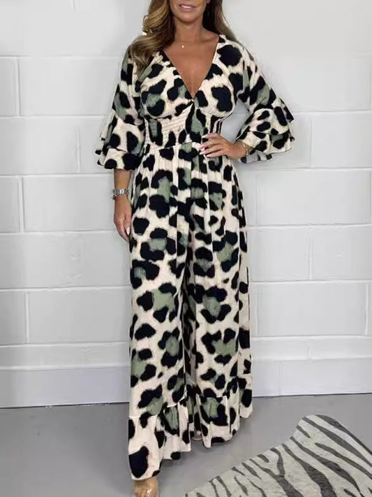 ✨【M-4XL】🔥Salopeta cu decolteu în V cu imprimeu leopard😍💖🌷