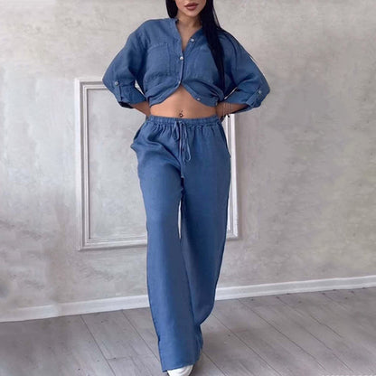 💕 Set lejer cu pantaloni evazați și cordon în talie 👖