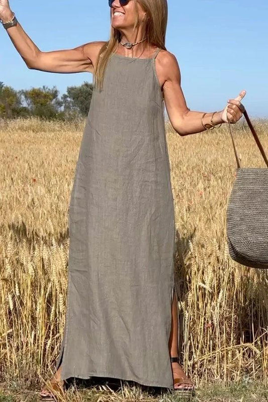 💥Pop-up-uri de vară！ Femei casual culoare solidă halter fără mâneci rochie de in 杨薇可