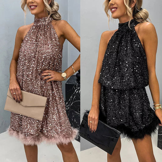 🎀Livrare gratuită🎀Rochie elegantă Halter cu paiete pentru femei cu tiv din pene