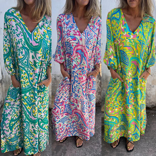 【S-3XL】🌸Rochie maxi cu imprimeu V pentru primăvara/vara 2025