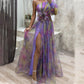 💃 Rochie de petrecere asimetrică multicoloră cu detalii florale