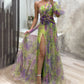 💃 Rochie de petrecere asimetrică multicoloră cu detalii florale