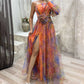 💃 Rochie de petrecere asimetrică multicoloră cu detalii florale