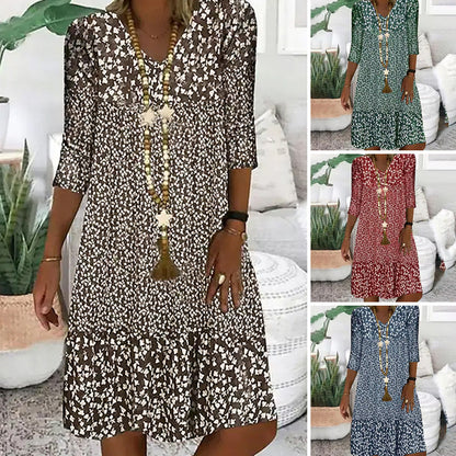 🌸Femei de moda imprimate Femei Mid Sleeve V-Neck Dress