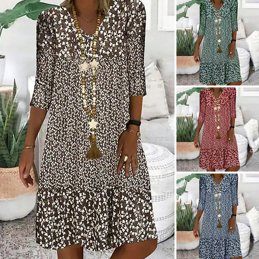 🌸Femei de moda imprimate Femei Mid Sleeve V-Neck Dress