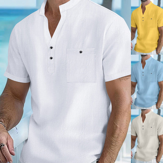 👕 Tricou Bărbați Casual din In cu Gulereu Drept 🌿 | Mâneci Scurte | Respirabil