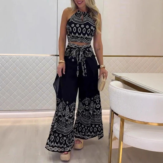 💖 Set etnic retro pentru femei – Top fără mâneci cu guler halter + pantaloni evazați