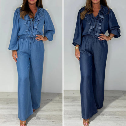 💐Topuri cu mânecă lungă cu cravată pentru femei ＆ Set de pantaloni cu picioare largi