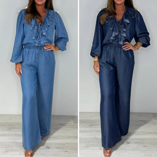 💐Topuri cu mânecă lungă cu cravată pentru femei ＆ Set de pantaloni cu picioare largi