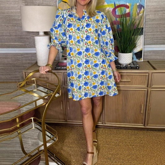 💖Rochie cu mânecă Bubble, imprimată cu flori, cu centură, pentru femei🌹