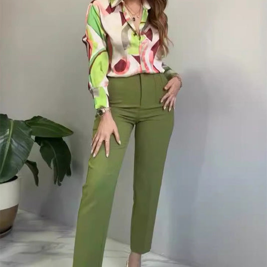 👚 Set 2 piese femei | Cămașă imprimată & Pantaloni eleganti