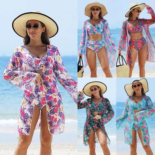 🏖️ Set 3 piese costum de baie multicolor pentru femei 🌈