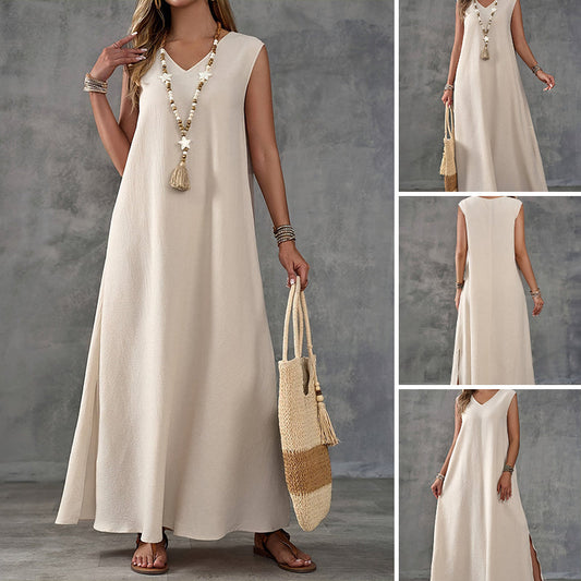 👗Rochie fără mâneci cu decolteu în V și deschizătură laterală