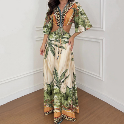 🐆 Rochie Maxi Leopard cu Nod Frontal & Detalii Tăiate 👗