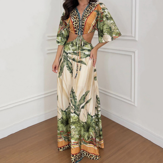 🐆 Rochie Maxi Leopard cu Nod Frontal & Detalii Tăiate 👗