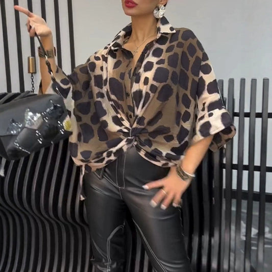 🐆Cămașă lejeră cu imprimeu leopard și mâneci 3/4
