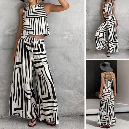 👚 Set 2 piese femei: Top dungi fără mâneci + Pantaloni largi 🌊