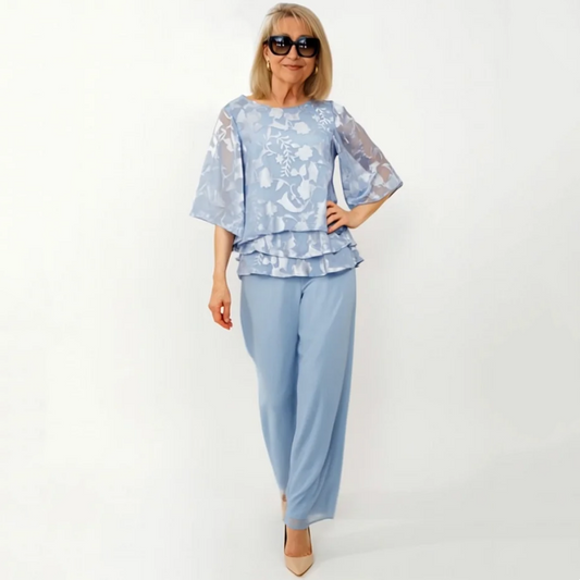 👚 Set Elegant Femei: Top cu Volane + Pantaloni Largi 🌿 | Silueta Fluida