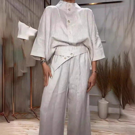 👚 Set 2 Piese Femei Modern 🌿 | Cămașă Bumbac & Pantaloni In | Casual Elegant