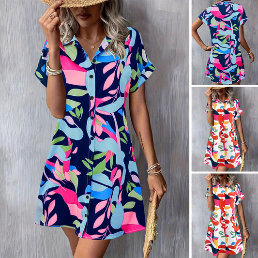 👗 Rochie Femei cu Mâneci Scurte & Nasturi 🌸 | Imprimat Floral | Bumbac Respirabil