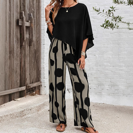 👚 Set 2 Piese Femei: Top cu Mâneci 3/4 + Pantaloni Imprimați 🌿 | Bumbac & In | Casual Elegant