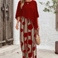 👚 Set 2 Piese Femei: Top cu Mâneci 3/4 + Pantaloni Imprimați 🌿 | Bumbac & In | Casual Elegant