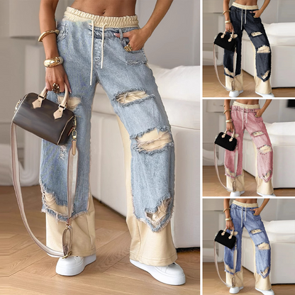 👖Pantaloni elastici din denim cu picioare largi și șnur