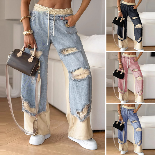 👖Pantaloni elastici din denim cu picioare largi și șnur