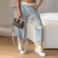 👖Pantaloni elastici din denim cu picioare largi și șnur