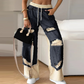 👖Pantaloni elastici din denim cu picioare largi și șnur