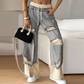 👖Pantaloni elastici din denim cu picioare largi și șnur